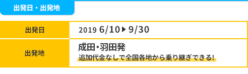 2019/6/10-9/30　成田・羽田発 追加代金なしで全国各地から乗り継ぎできる!