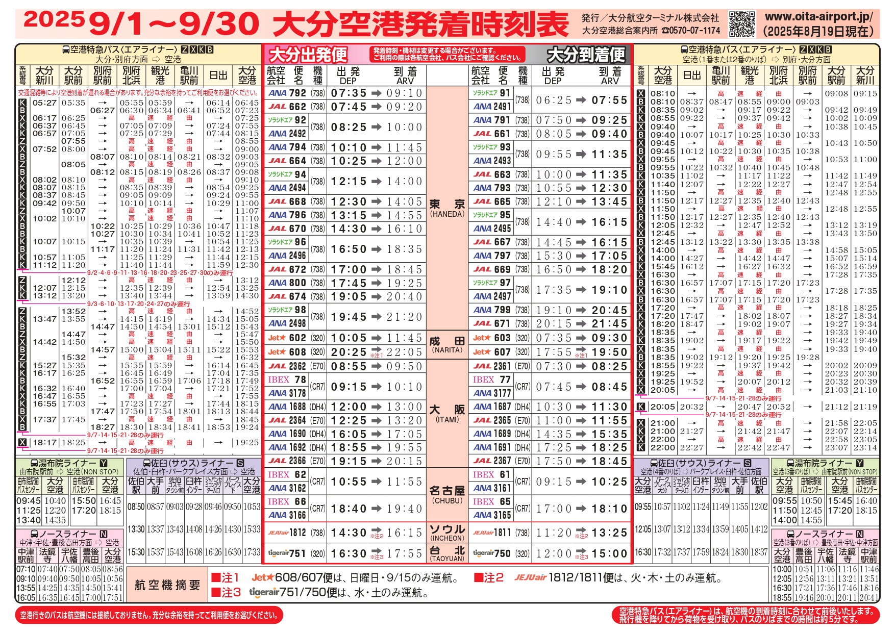 大分空港2025年9月1日～9月30日の時刻表