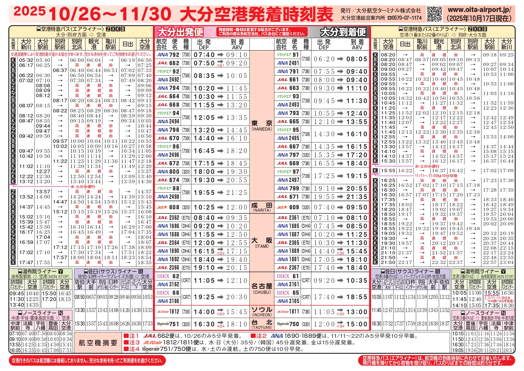 大分空港2025年9月1日～9月30日の時刻表
