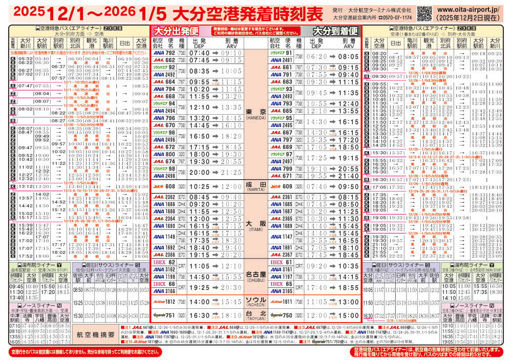 大分空港2025年12月1日～2026年1月5日の時刻表