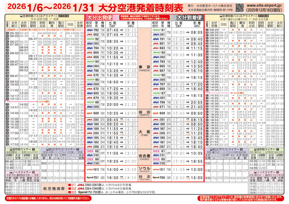 大分空港2026年1月6日～1月31日の時刻表